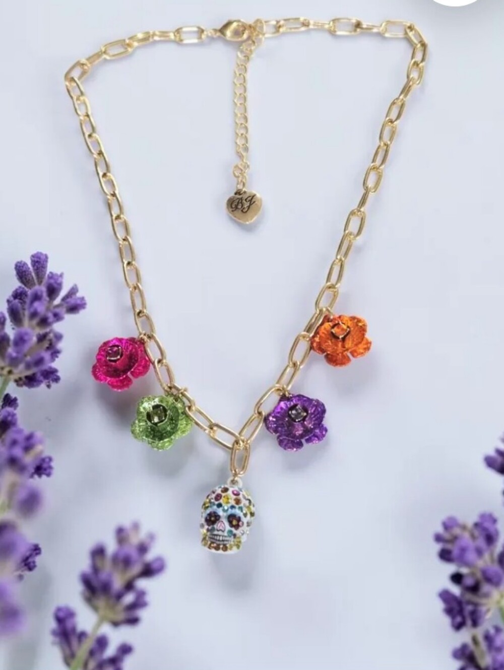 New Betsey Johnson Gold Tone Multicolor Flower & Sugar Skull Necklace